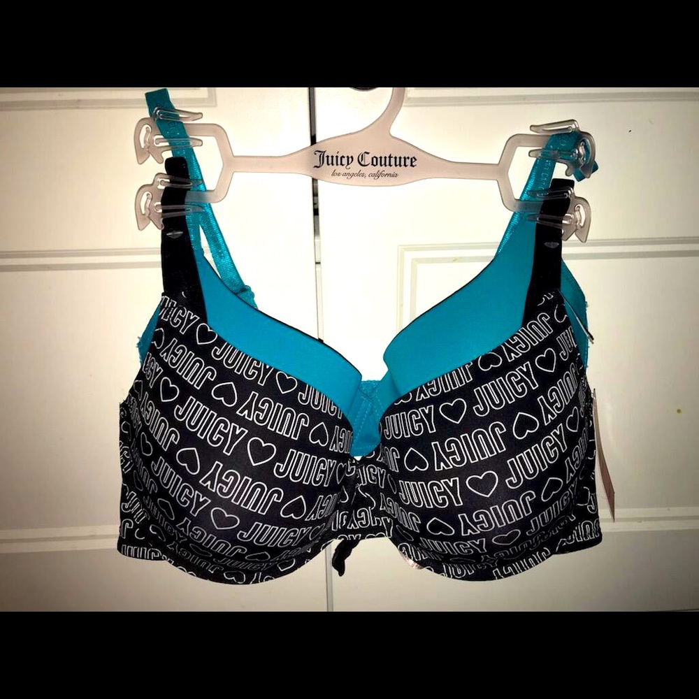 NWT! 2 Juicy Couture Black and Teal Padded Push Up Bras! 38DD 38 DD